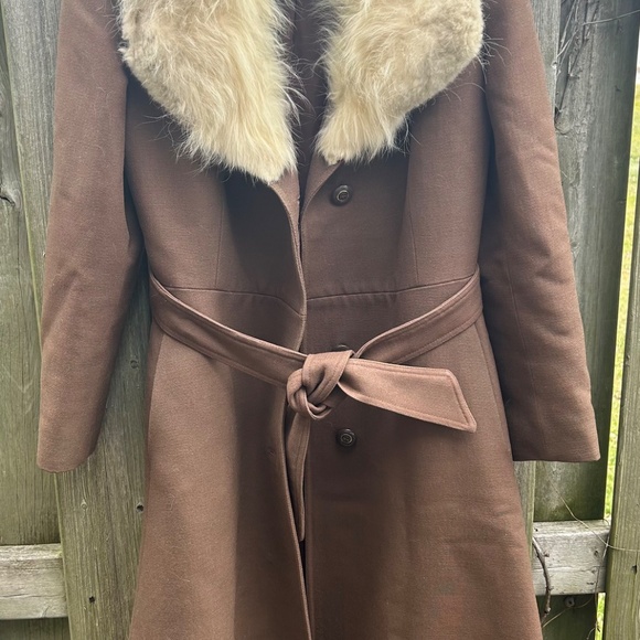 Vintage 60s Wool Coat w/ Fur Collar Pure Virgin Wool Belted Brown Long Coat Anna - Picture 9 of 16
